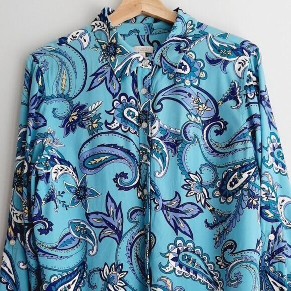 TALBOTS | Floral Paisley Utility Sleeve Buton Down Shirt Blue Sz L P - Picture 2 of 12